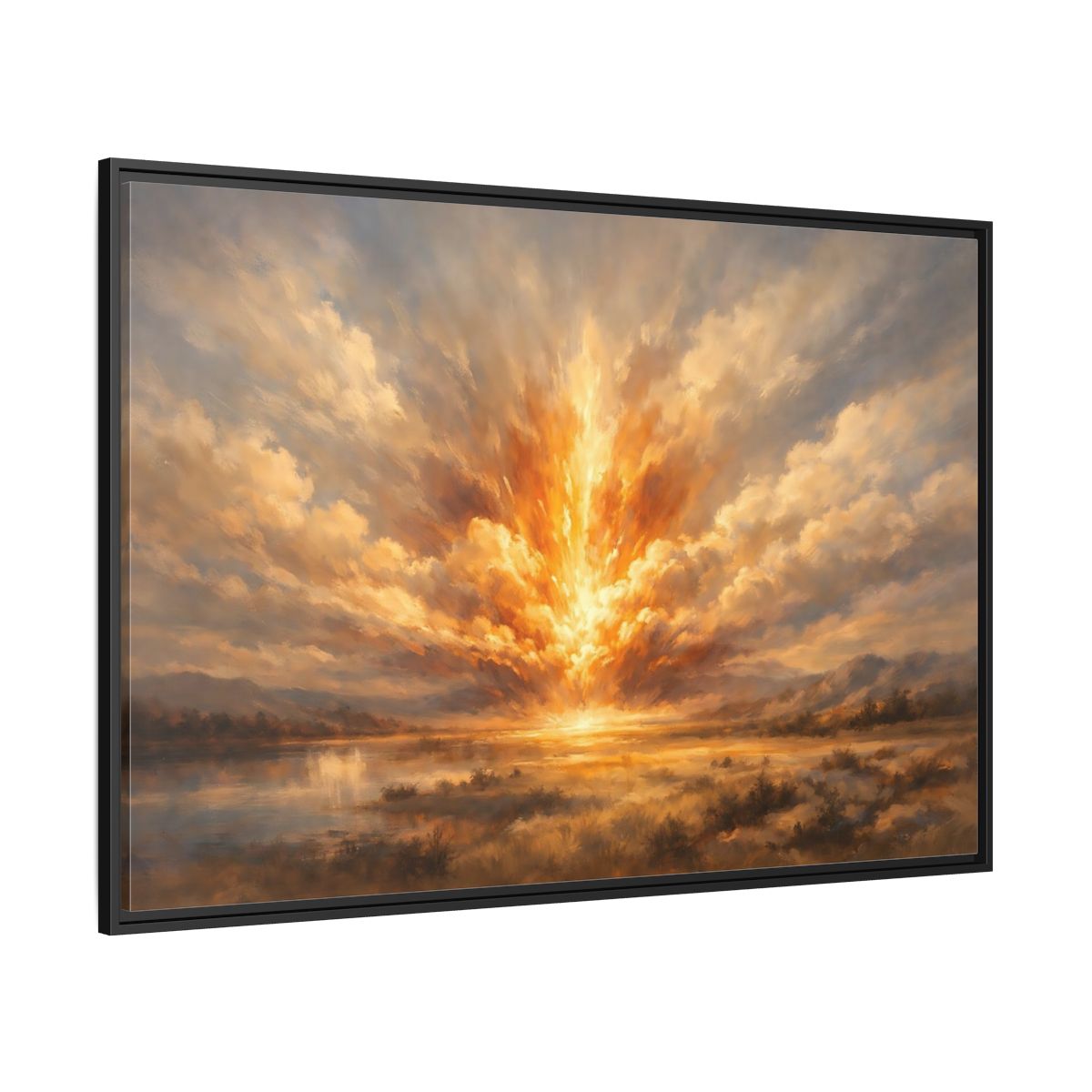 Side Mockup 12. Nature Explosive Sky Golden Landscape shown as stretched canvas wall art