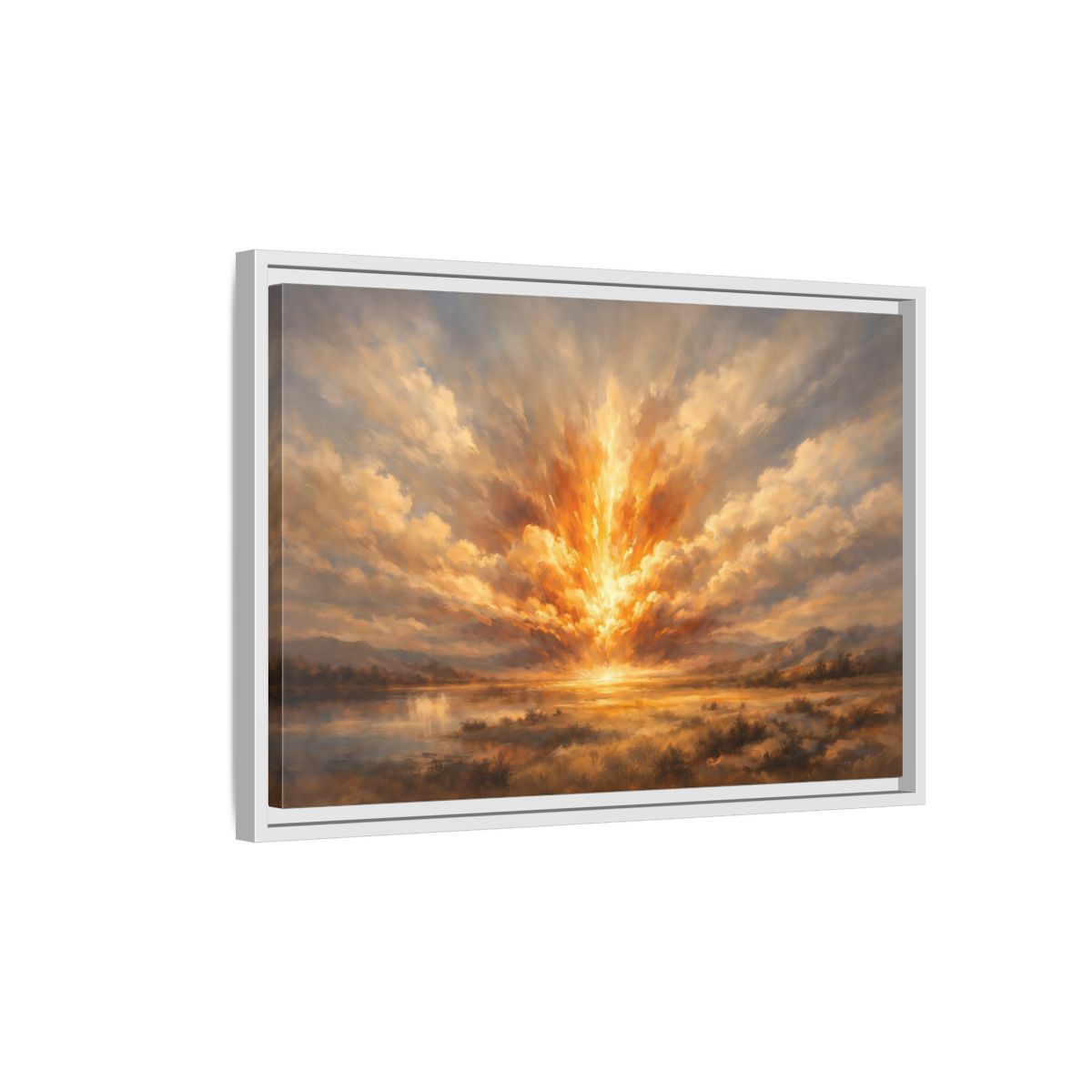 Side Mockup 1. Nature Explosive Sky Golden Landscape shown as stretched canvas wall art