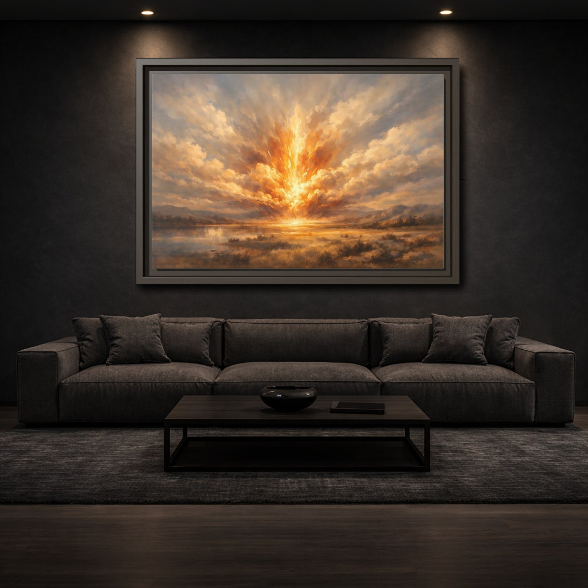 Mockup 2. Nature Explosive Sky Golden Landscape shown as stretched canvas wall art