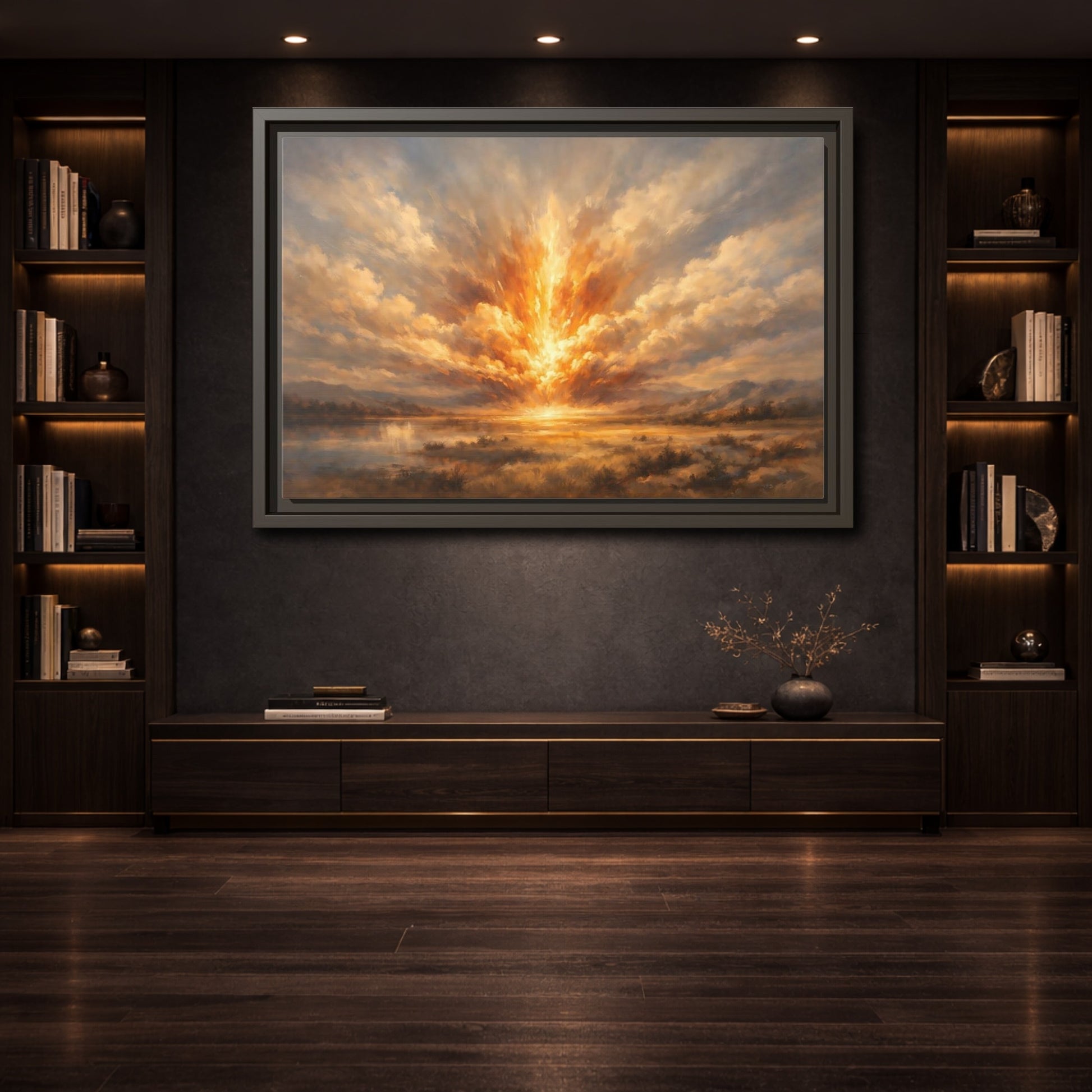 Mockup 3. Nature Explosive Sky Golden Landscape shown as stretched canvas wall art