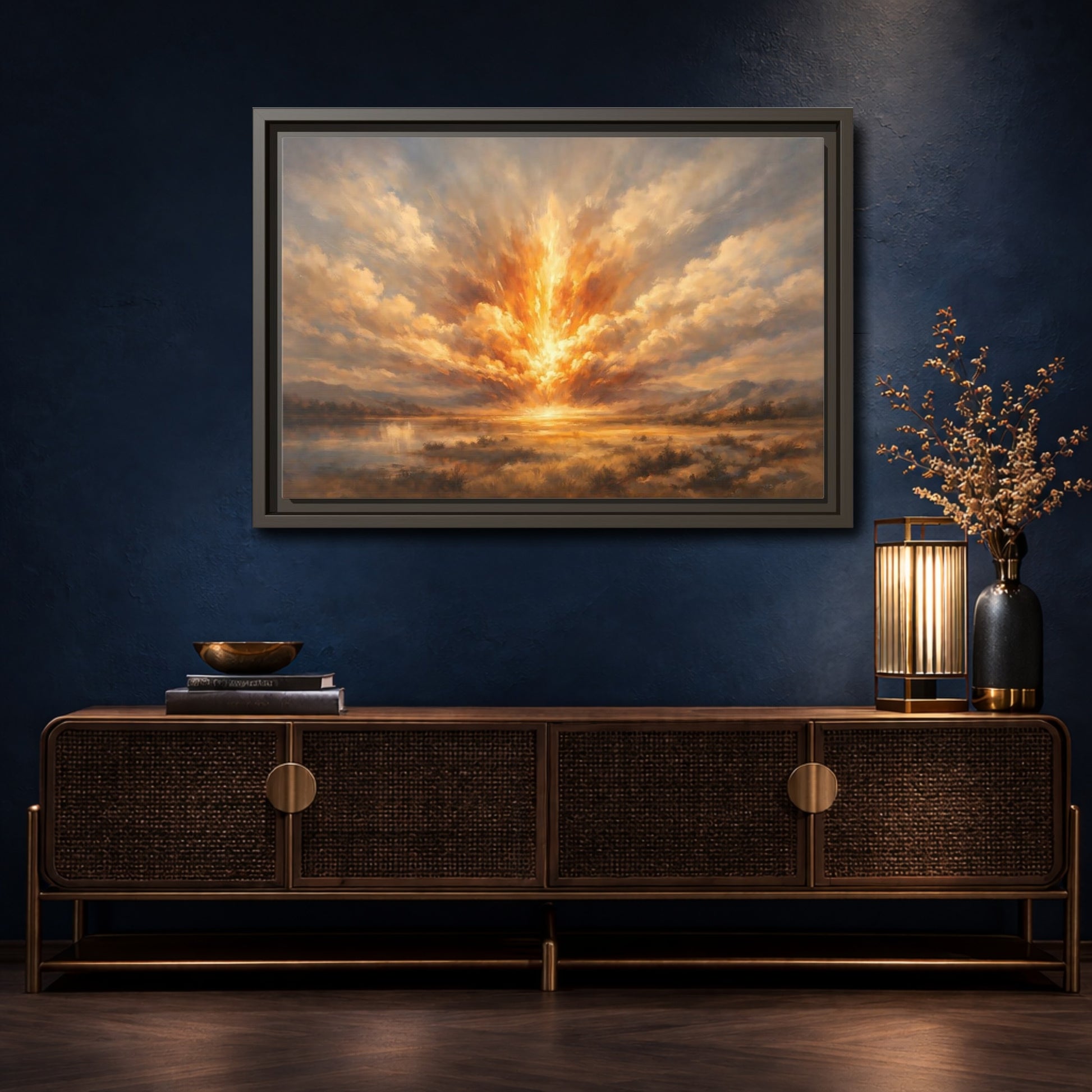Mockup 4. Nature Explosive Sky Golden Landscape shown as stretched canvas wall art