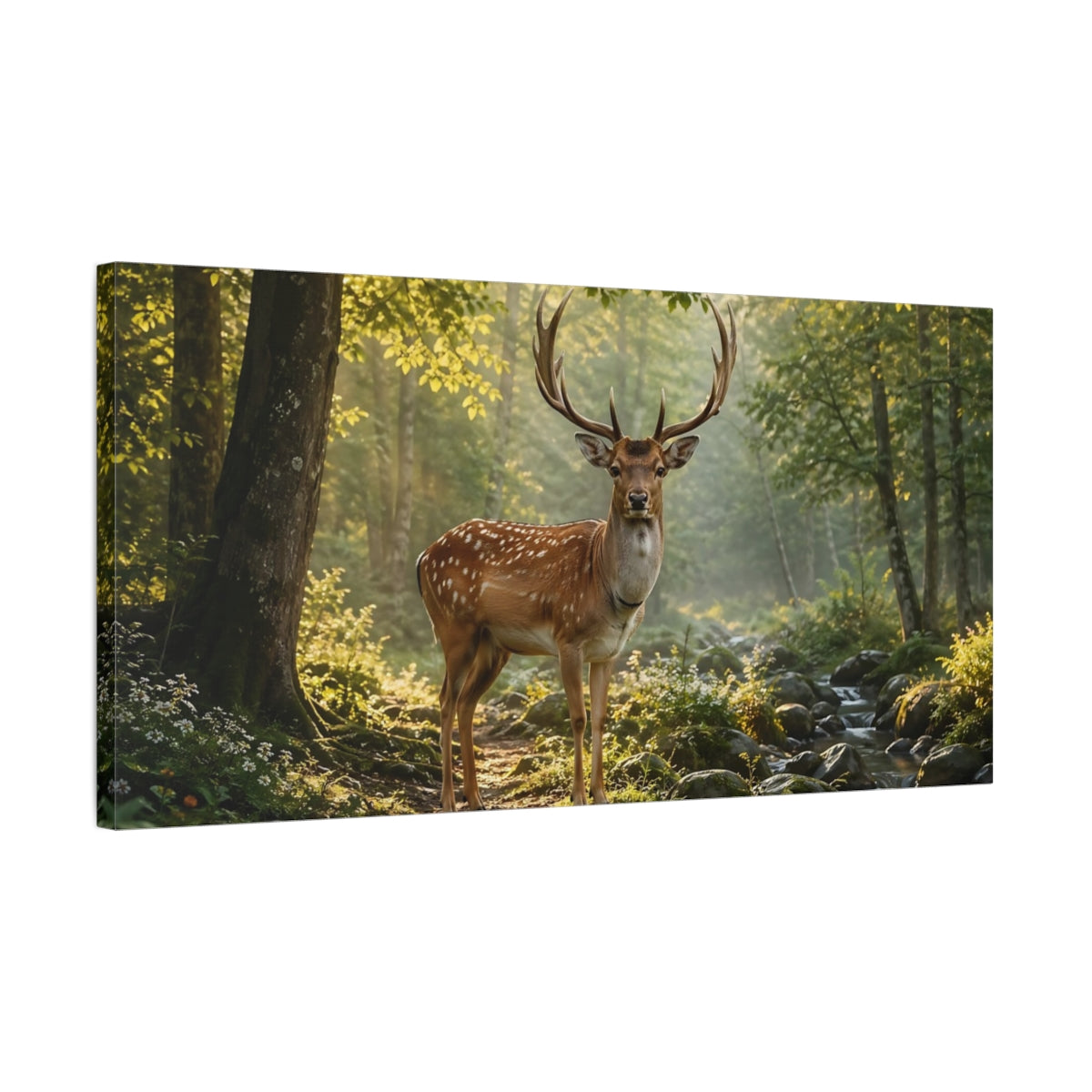 Side Mockup 1. Nature Fallow Deer Green And Brown Deer shown as stretched canvas wall art