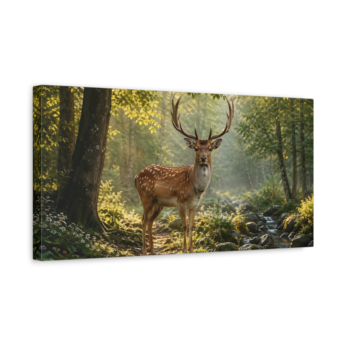 Side Mockup 3. Nature Fallow Deer Green And Brown Deer shown as stretched canvas wall art