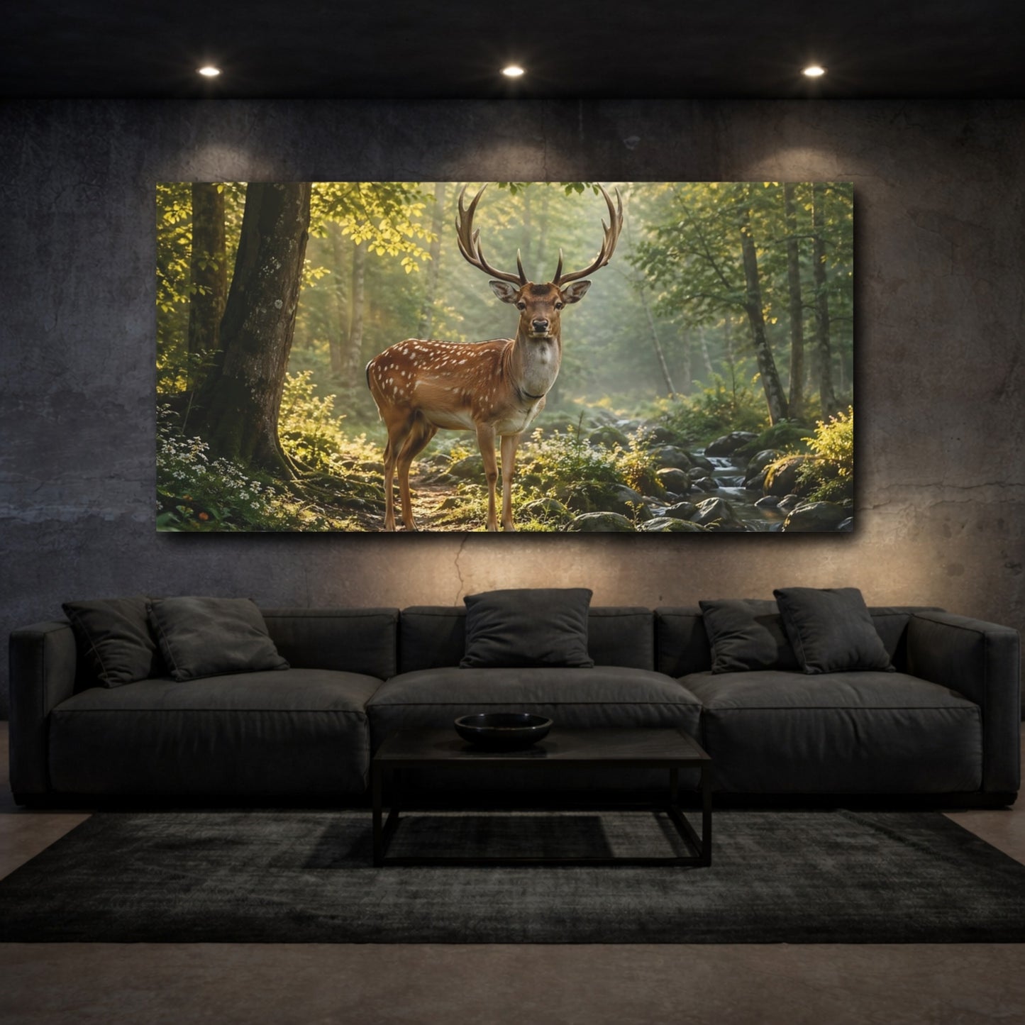 Mockup 2. Nature Fallow Deer Green And Brown Deer shown as stretched canvas wall art