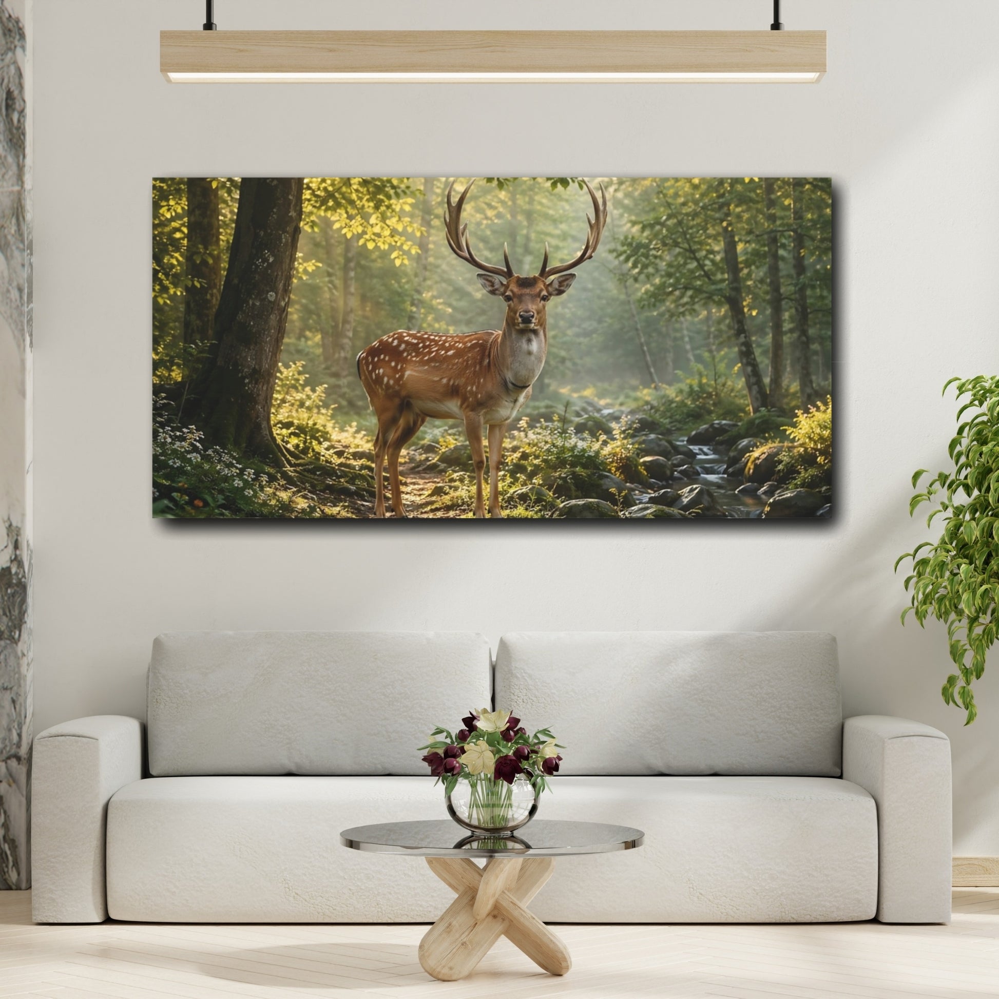 Mockup 3. Nature Fallow Deer Green And Brown Deer shown as stretched canvas wall art