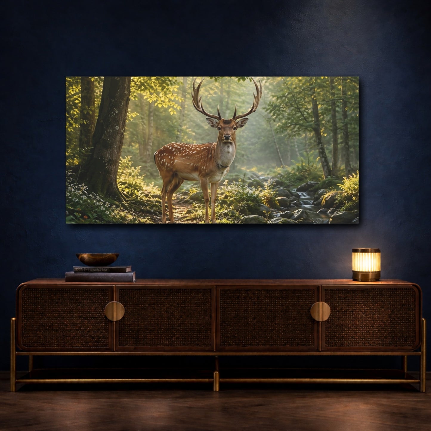 Mockup 4. Nature Fallow Deer Green And Brown Deer shown as stretched canvas wall art