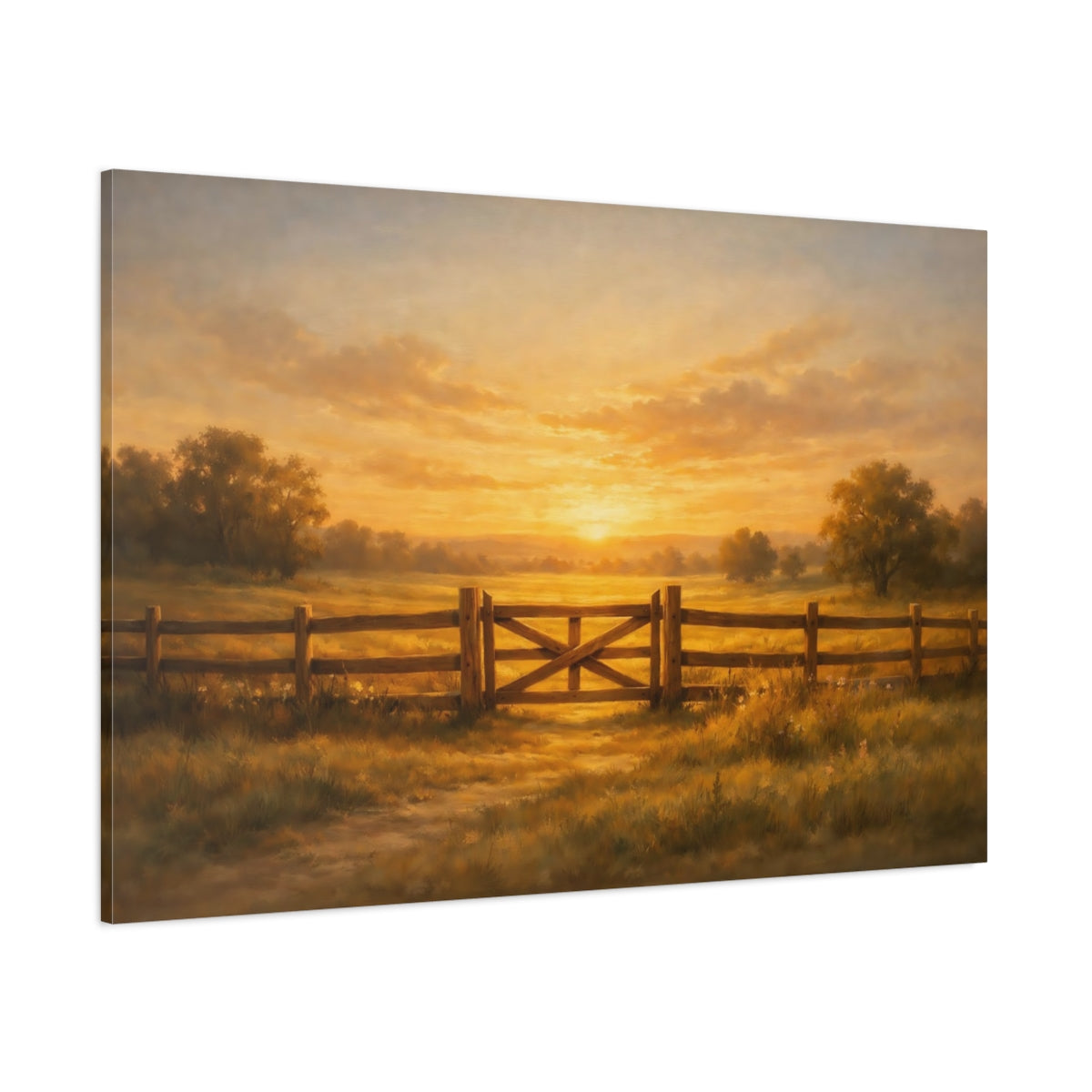 Main Mockup. Nature Farm Gate Golden Sunset Landscape shown as stretched canvas wall art