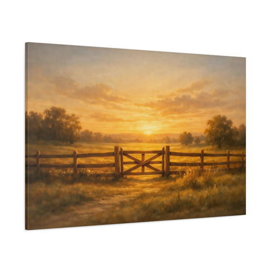 Main Mockup. Nature Farm Gate Golden Sunset Landscape shown as stretched canvas wall art