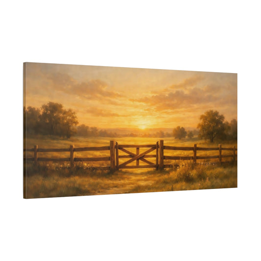 Main Mockup. Nature Farm Gate Golden Sunset Landscape shown as stretched canvas wall art