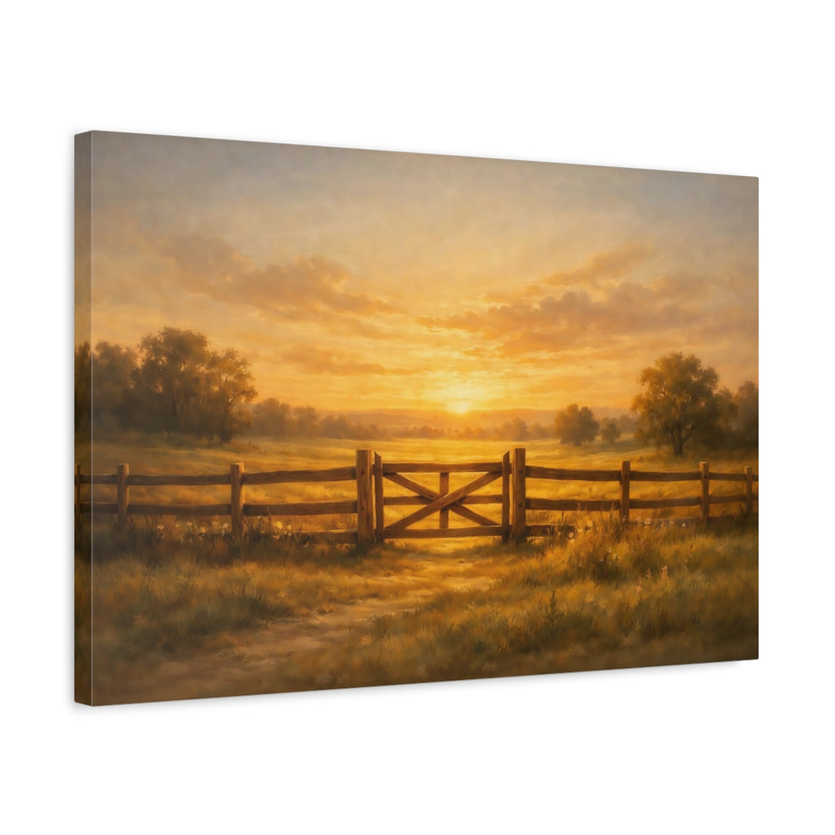 Side Mockup 3. Nature Farm Gate Golden Sunset Landscape shown as stretched canvas wall art