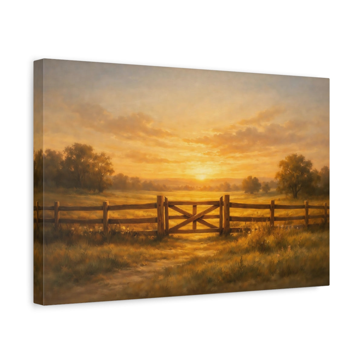 Side Mockup 4. Nature Farm Gate Golden Sunset Landscape shown as stretched canvas wall art