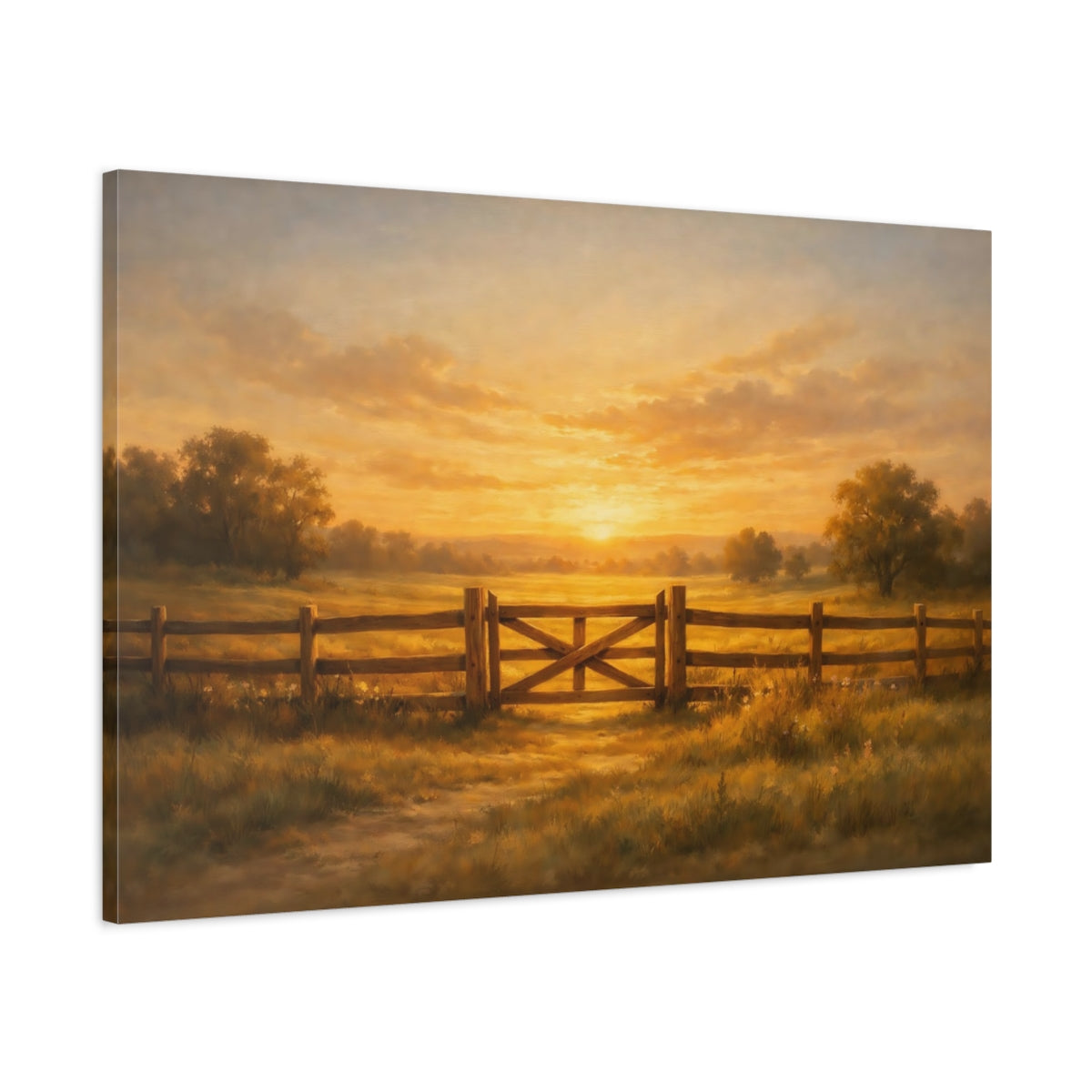 Side Mockup 1. Nature Farm Gate Golden Sunset Landscape shown as stretched canvas wall art