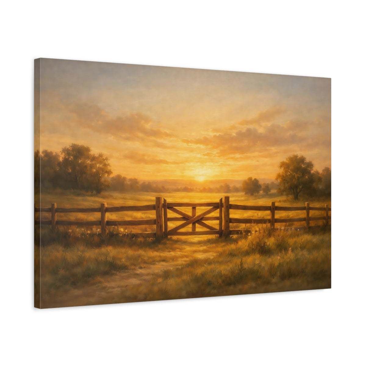 Side Mockup 2. Nature Farm Gate Golden Sunset Landscape shown as stretched canvas wall art