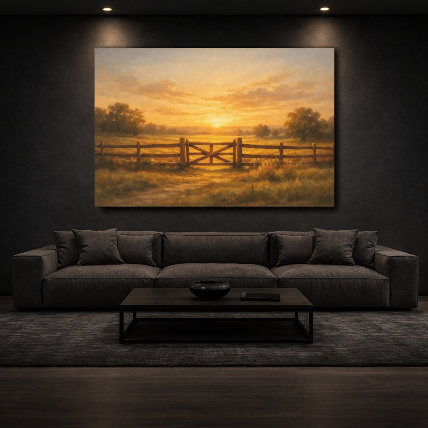 Mockup 2. Nature Farm Gate Golden Sunset Landscape shown as stretched canvas wall art