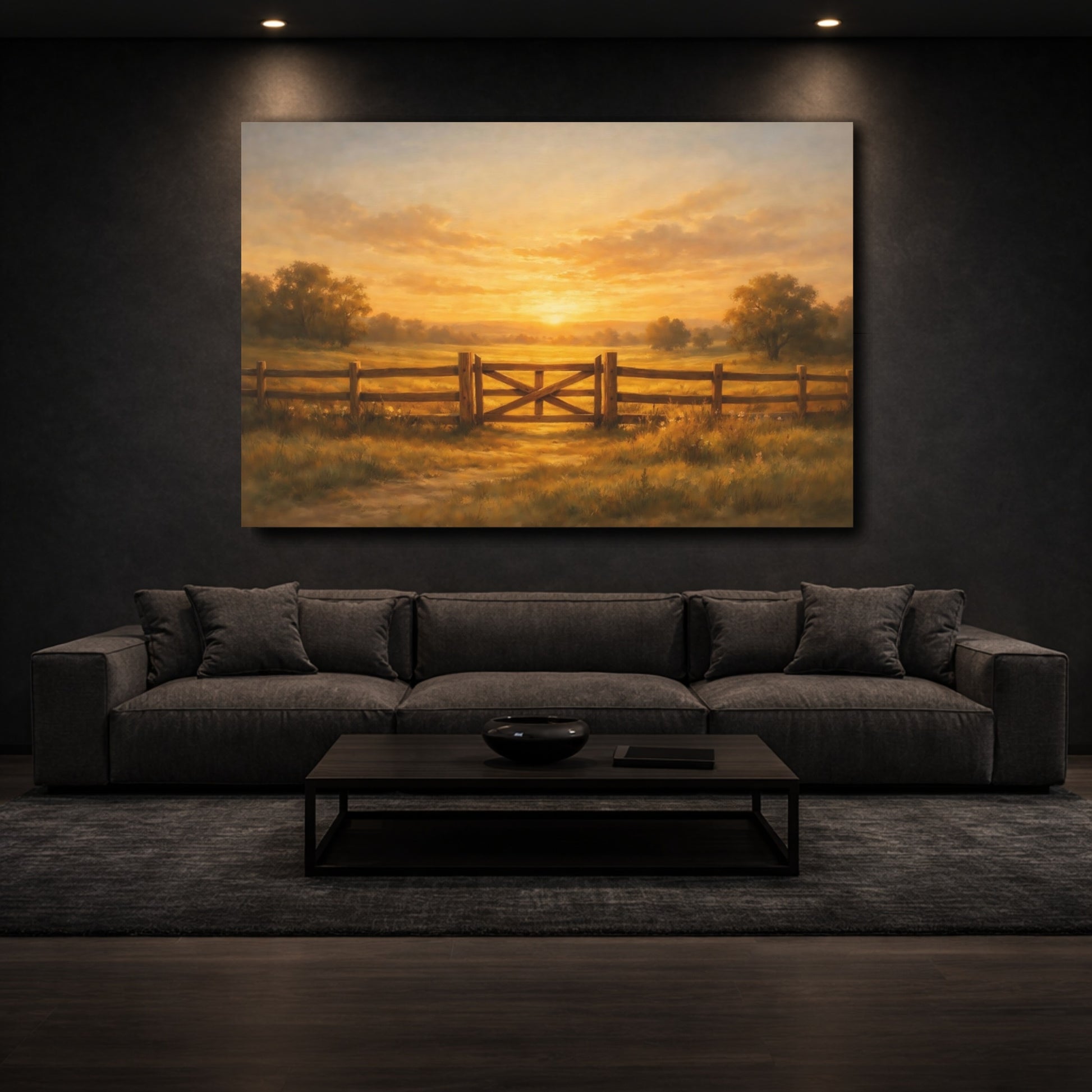 Mockup 2. Nature Farm Gate Golden Sunset Landscape shown as stretched canvas wall art