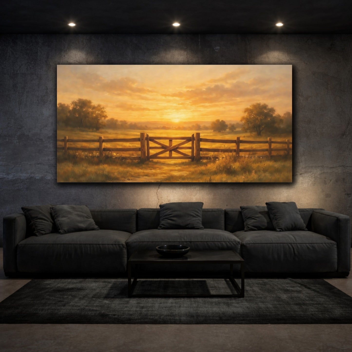 Mockup 2. Nature Farm Gate Golden Sunset Landscape shown as stretched canvas wall art