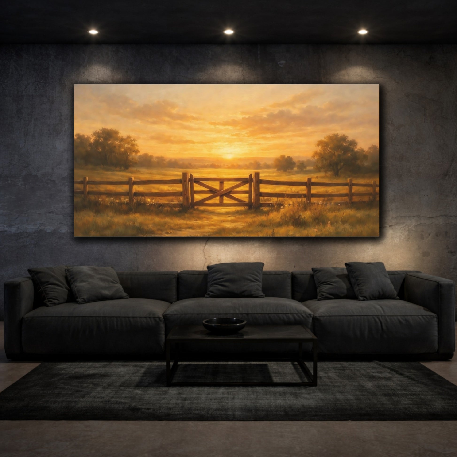Mockup 2. Nature Farm Gate Golden Sunset Landscape shown as stretched canvas wall art
