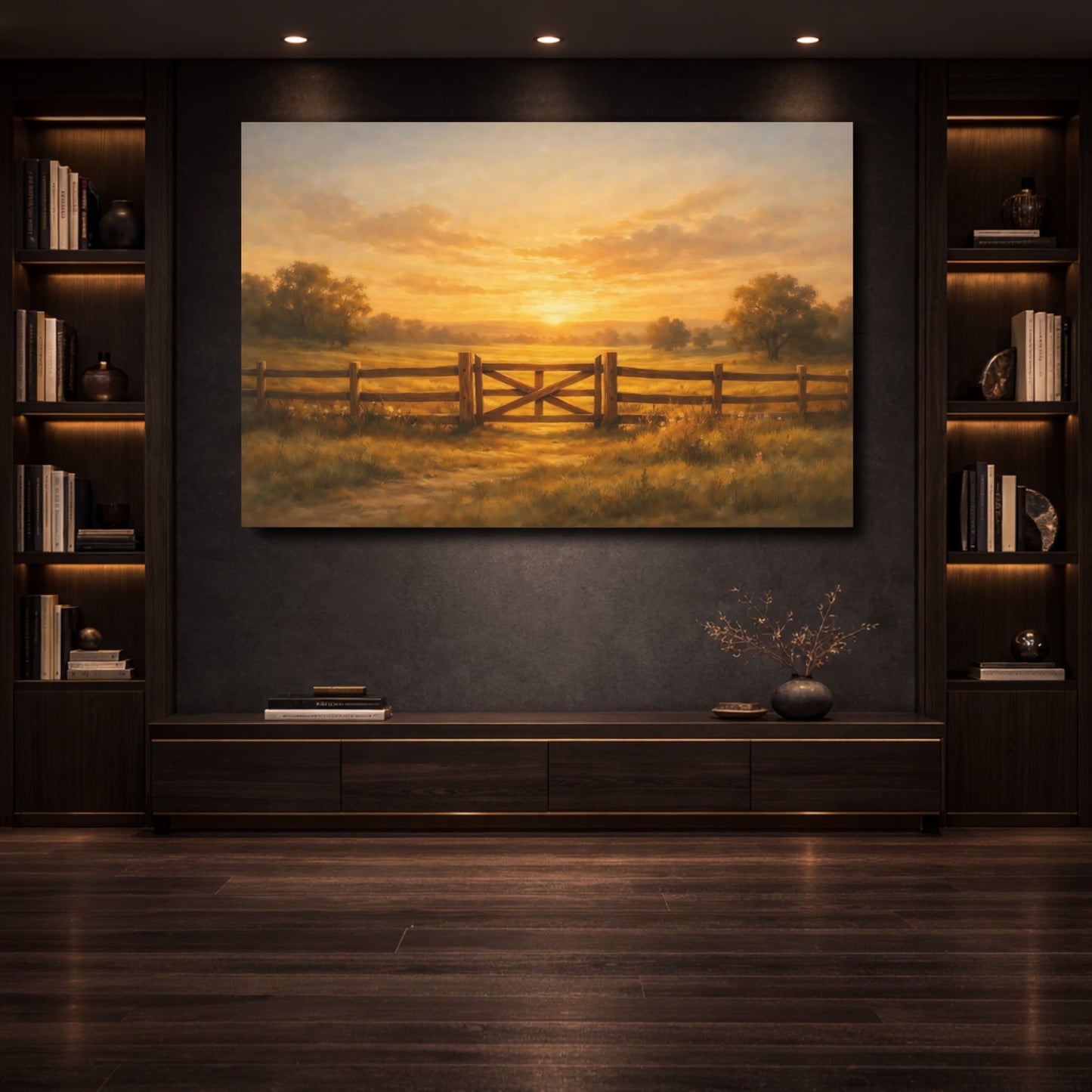Mockup 3. Nature Farm Gate Golden Sunset Landscape shown as stretched canvas wall art