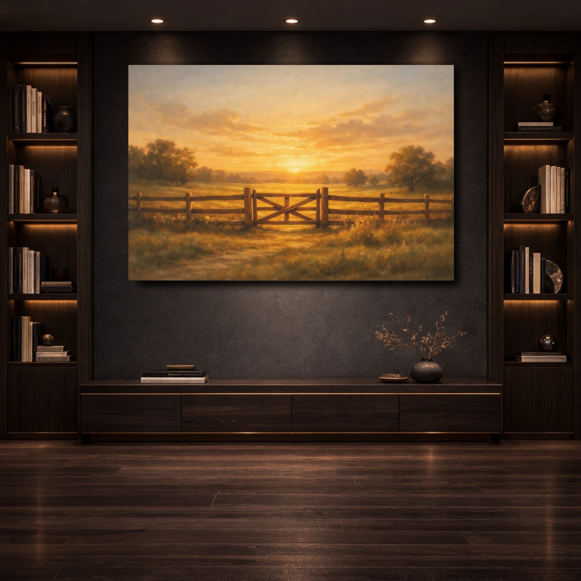 Mockup 3. Nature Farm Gate Golden Sunset Landscape shown as stretched canvas wall art