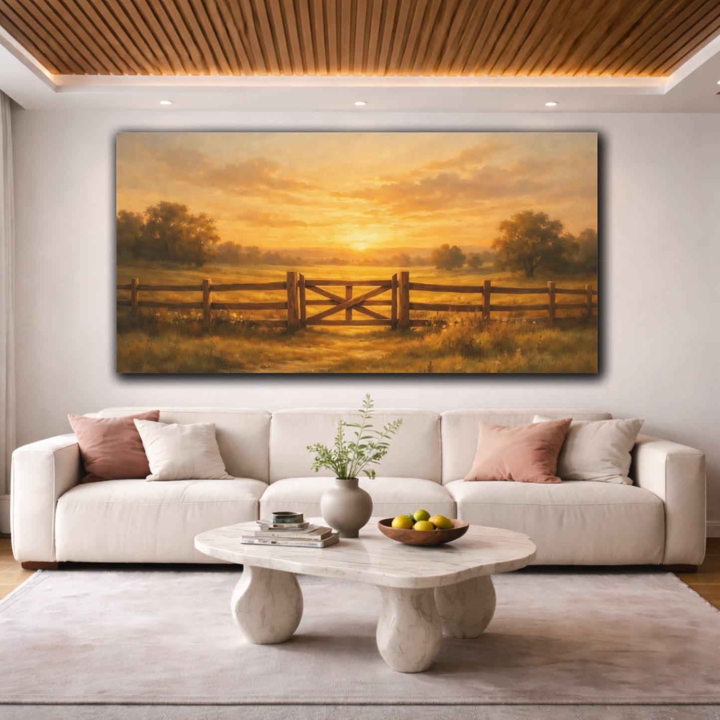 Mockup 3. Nature Farm Gate Golden Sunset Landscape shown as stretched canvas wall art