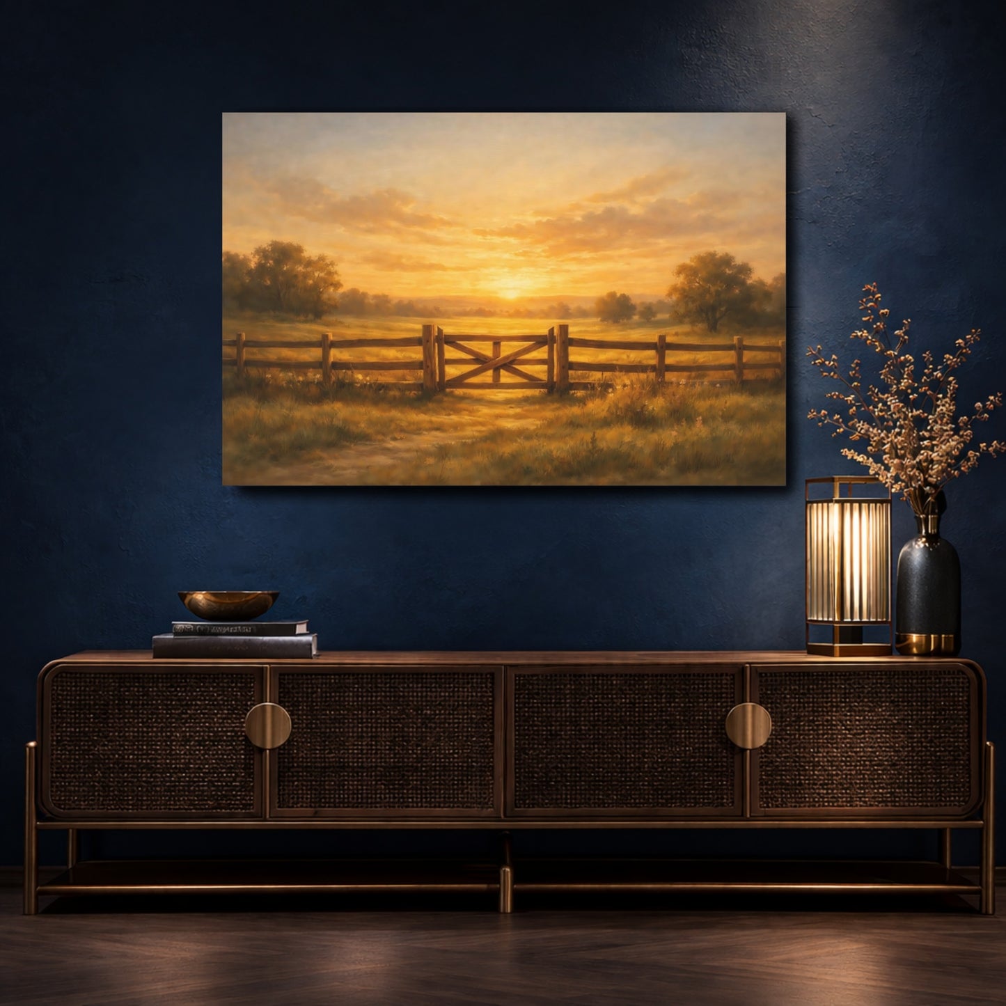 Mockup 4. Nature Farm Gate Golden Sunset Landscape shown as stretched canvas wall art