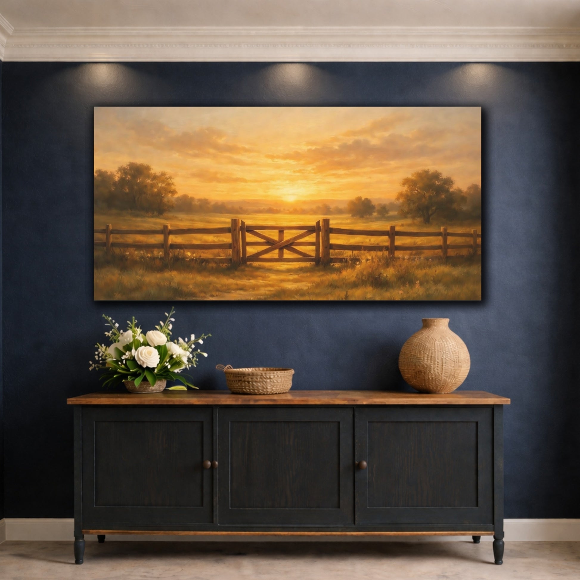 Mockup 4. Nature Farm Gate Golden Sunset Landscape shown as stretched canvas wall art