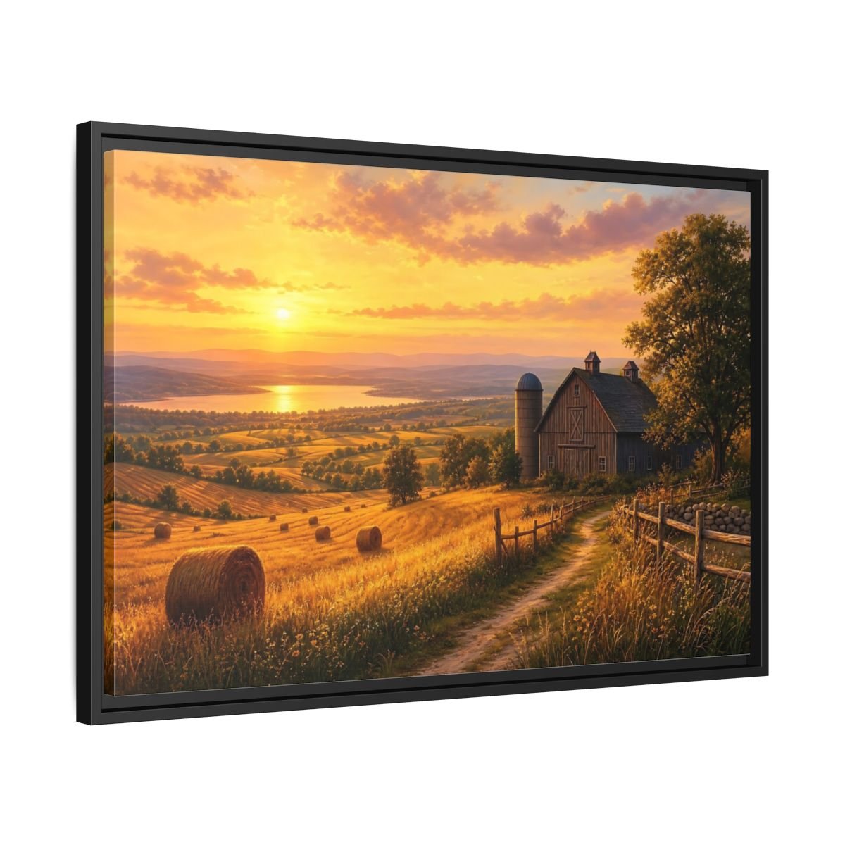 Nature Farm Landscape Golden Sunset Framed Canvas Print – Living Room, Above Couch, Hues - YesArtYes