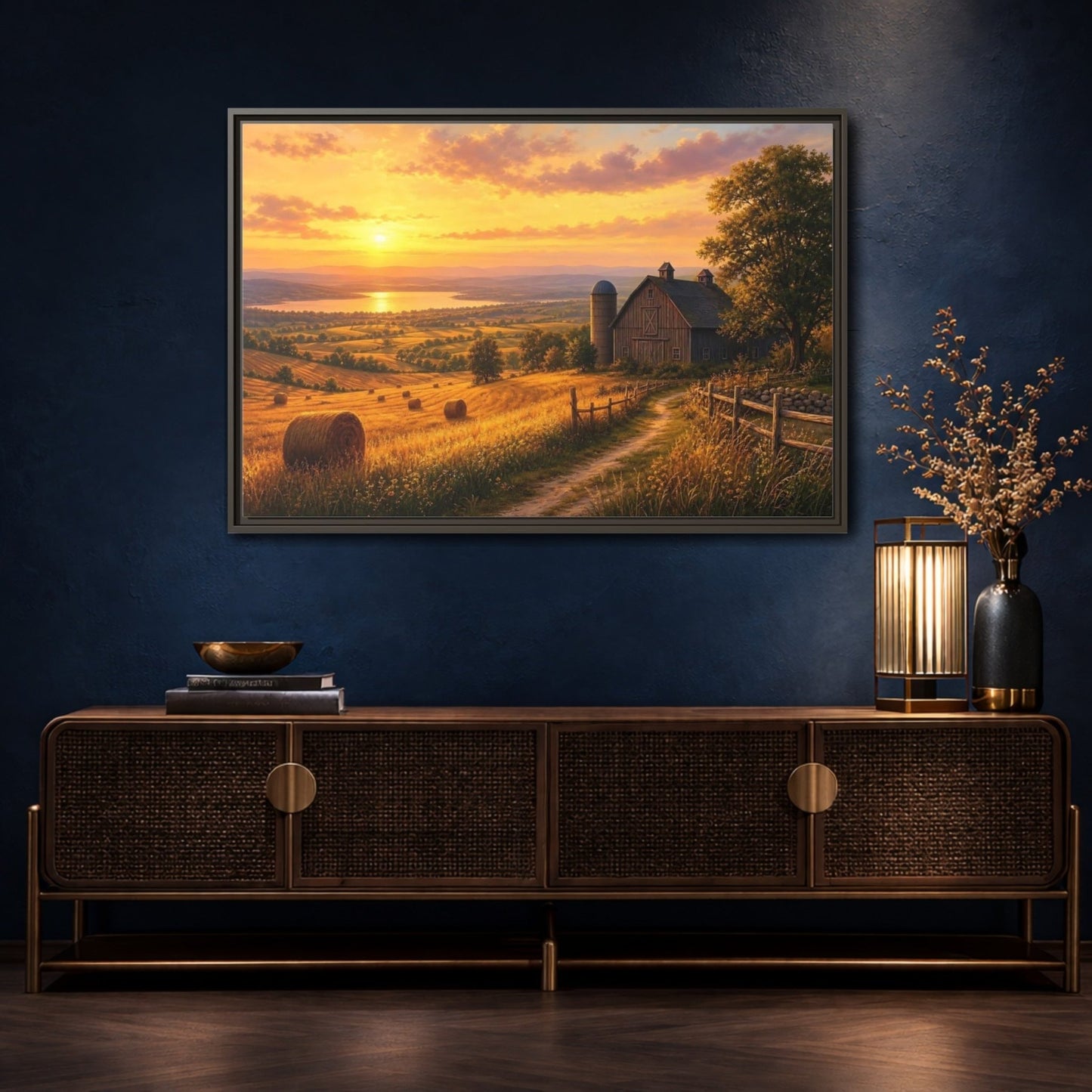 Nature Farm Landscape Golden Sunset Framed Canvas Print – Living Room, Above Couch, Hues - YesArtYes