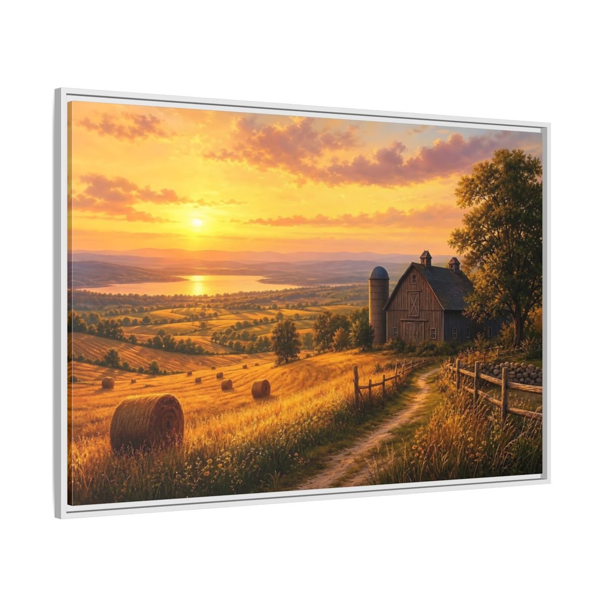 Nature Farm Landscape Golden Sunset Framed Canvas Print – Living Room, Above Couch, Hues - YesArtYes
