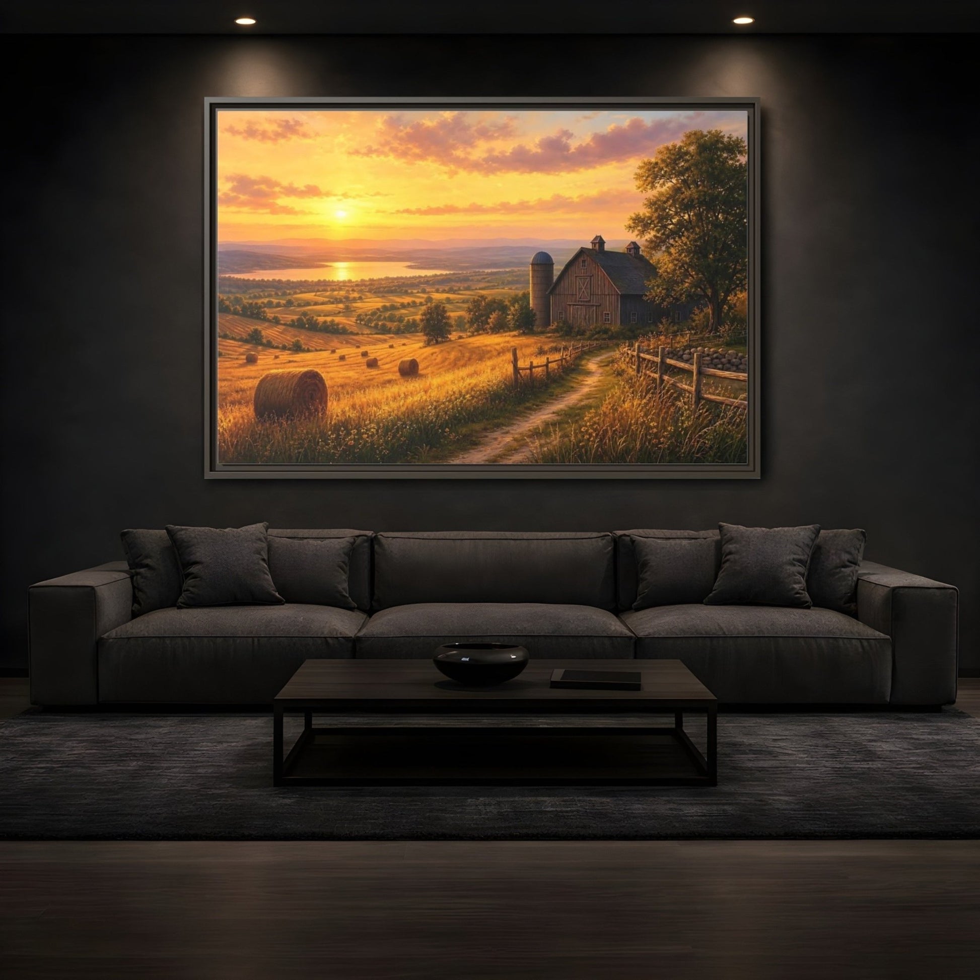 Nature Farm Landscape Golden Sunset Framed Canvas Print – Living Room, Above Couch, Hues - YesArtYes