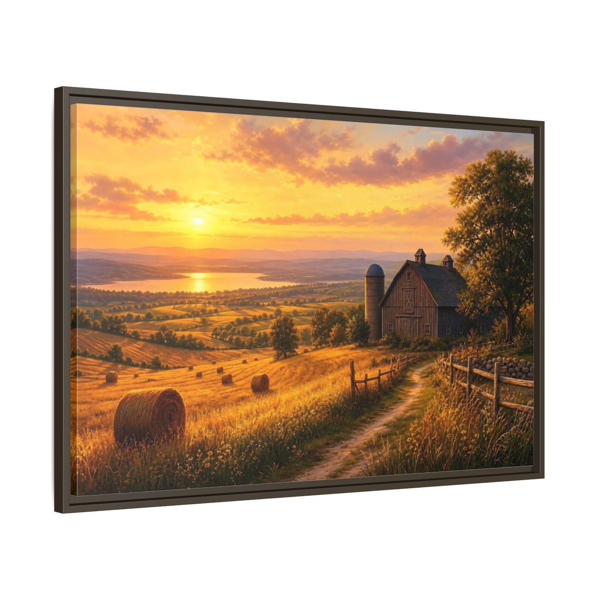Nature Farm Landscape Golden Sunset Framed Canvas Print – Living Room, Above Couch, Hues - YesArtYes