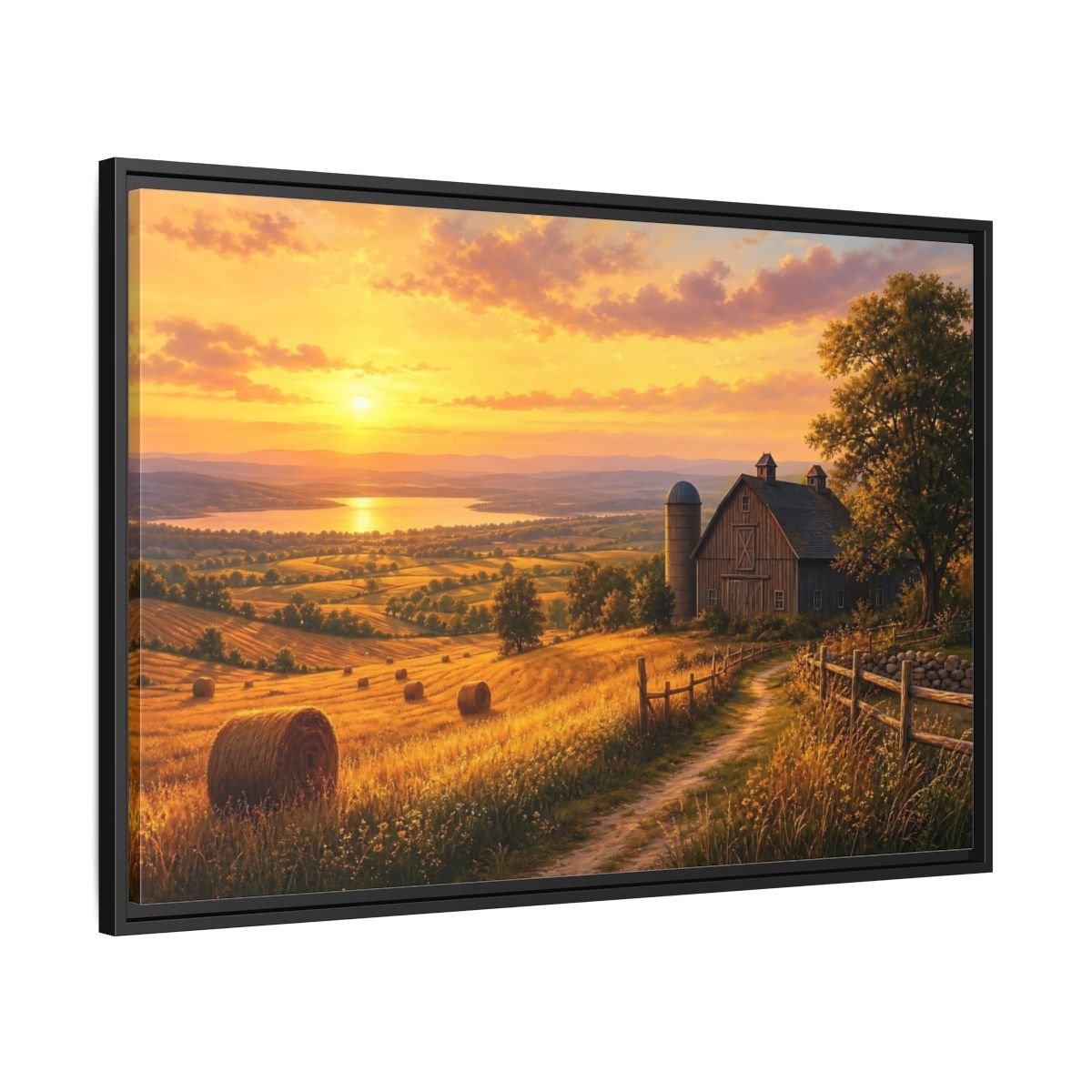 Nature Farm Landscape Golden Sunset Framed Canvas Print – Living Room, Above Couch, Hues - YesArtYes