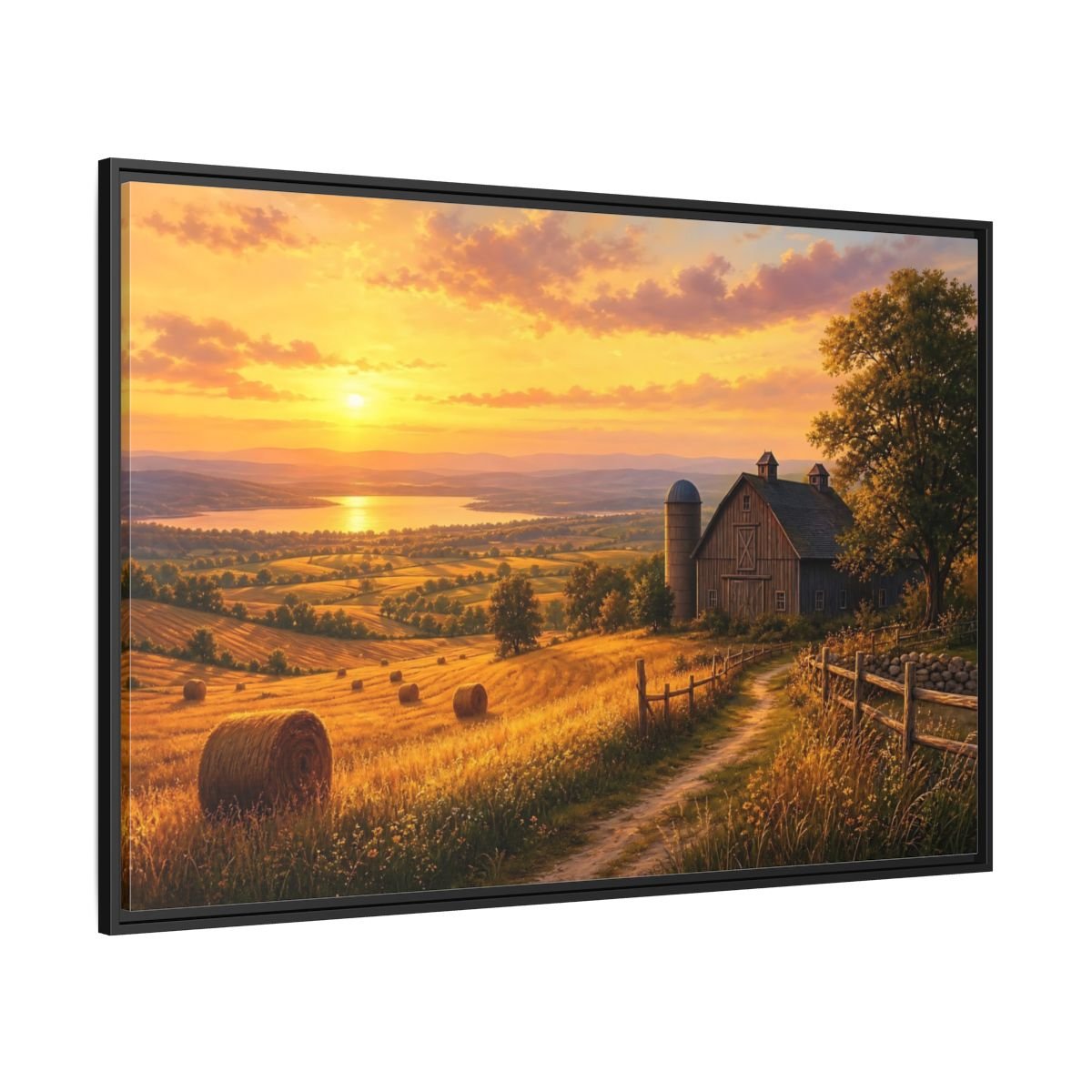 Nature Farm Landscape Golden Sunset Framed Canvas Print – Living Room, Above Couch, Hues - YesArtYes