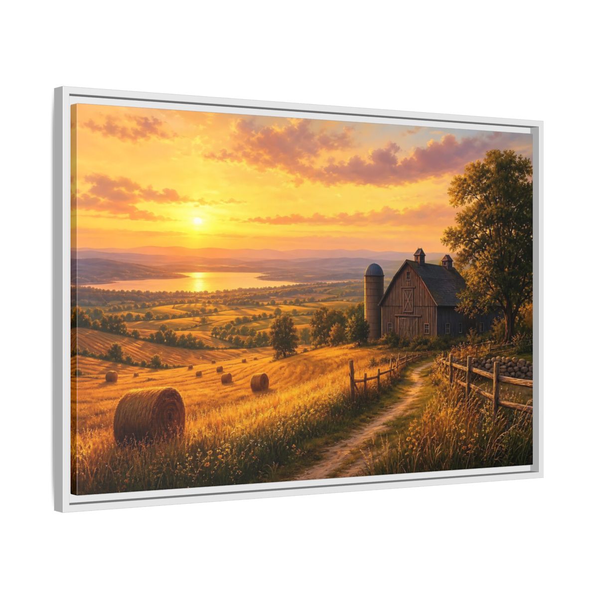 Side Mockup 9. Nature Farm Landscape Golden Sunset Landscape shown as stretched canvas wall art