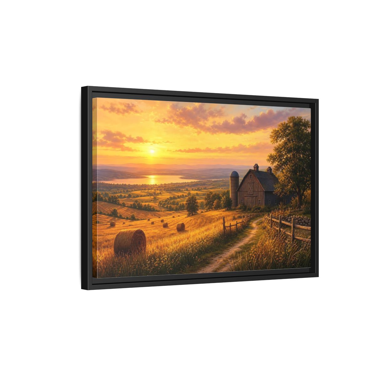 Side Mockup 3. Nature Farm Landscape Golden Sunset Landscape shown as stretched canvas wall art