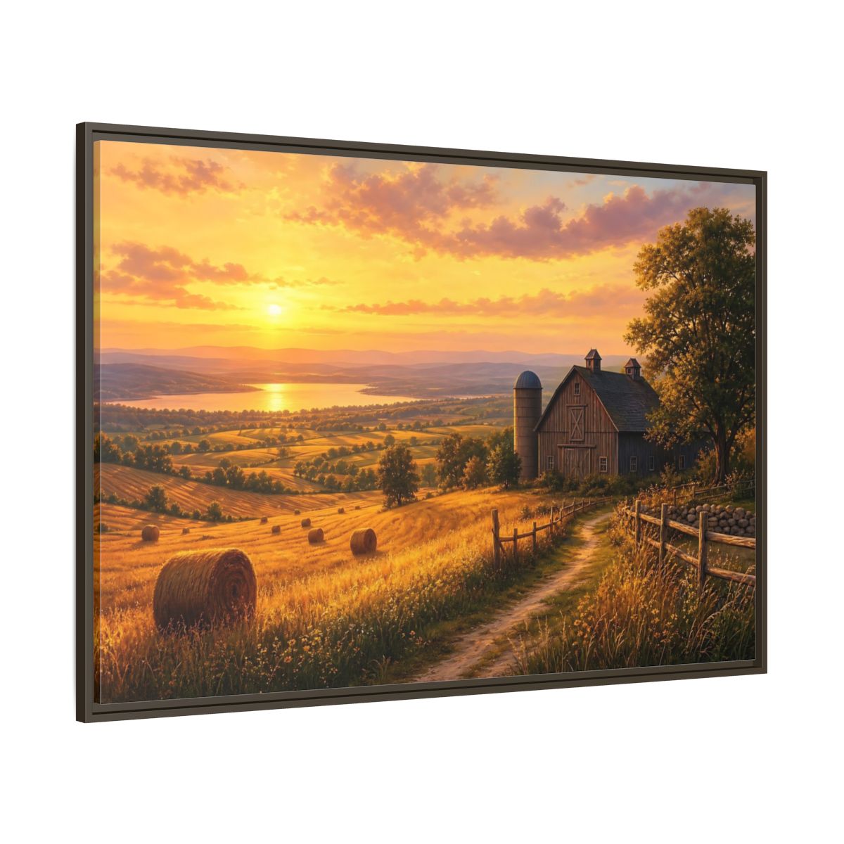 Side Mockup 8. Nature Farm Landscape Golden Sunset Landscape shown as stretched canvas wall art