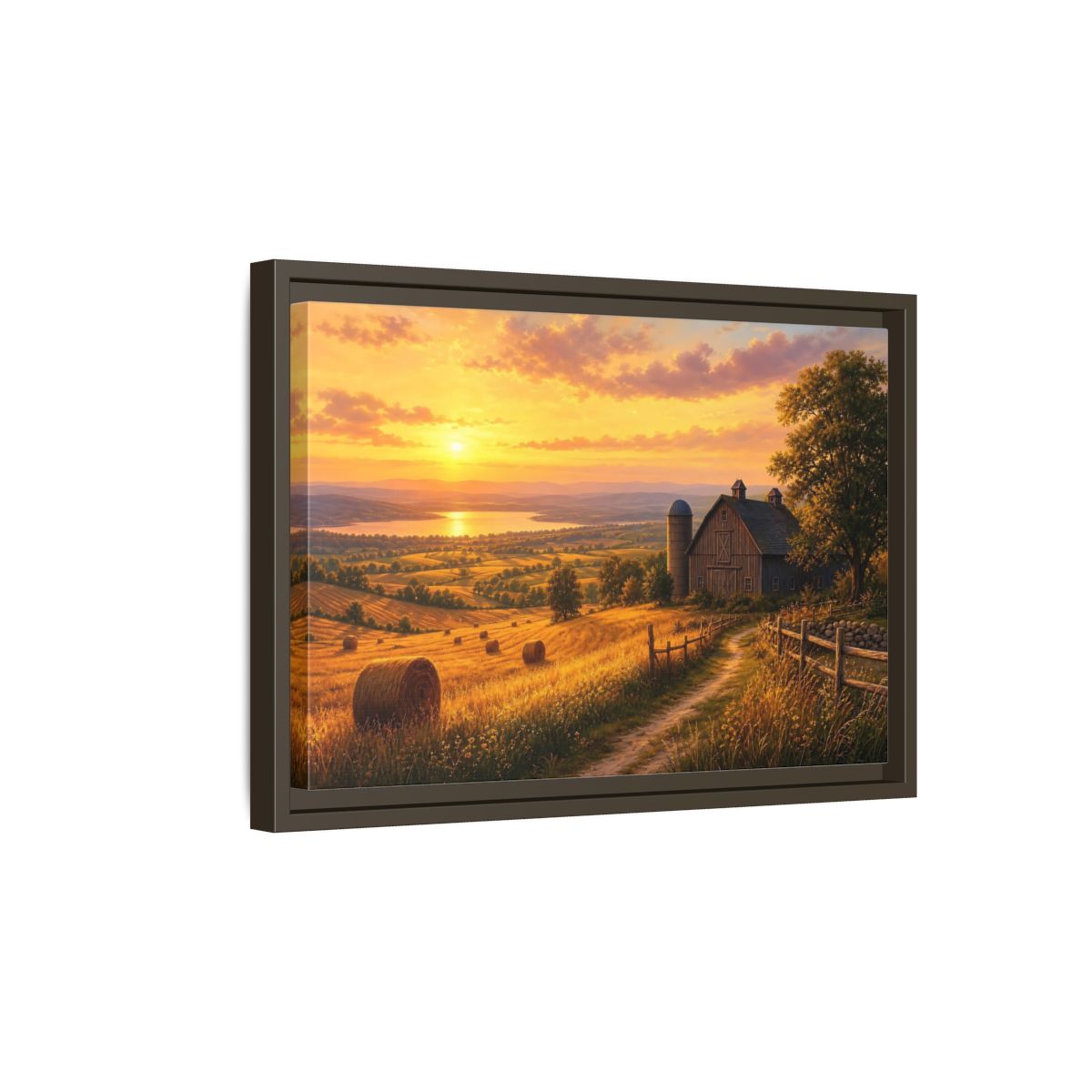 Side Mockup 5. Nature Farm Landscape Golden Sunset Landscape shown as stretched canvas wall art