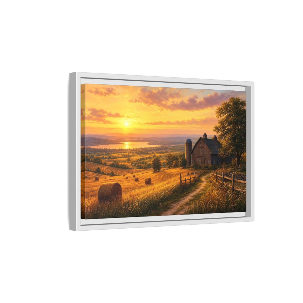Side Mockup 4. Nature Farm Landscape Golden Sunset Landscape shown as stretched canvas wall art