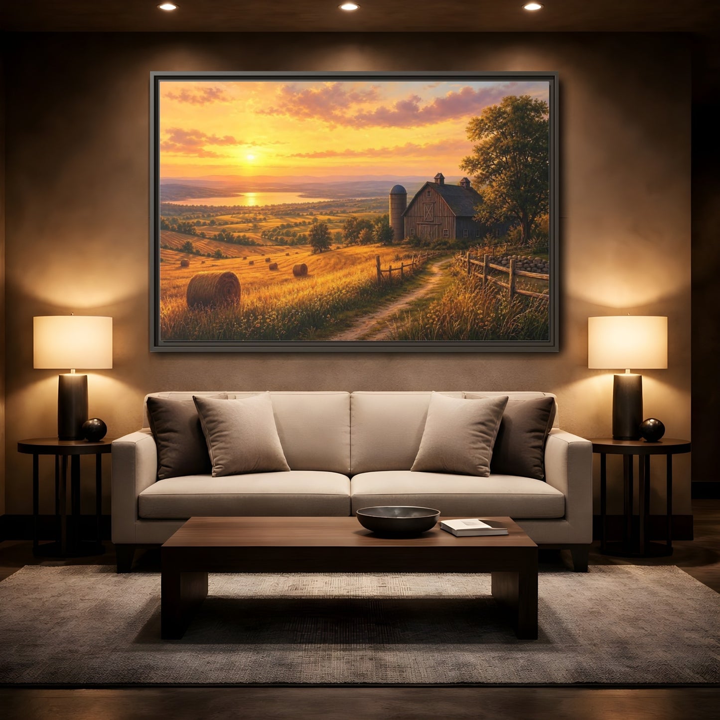 Mockup 2. Nature Farm Landscape Golden Sunset Landscape shown as stretched canvas wall art