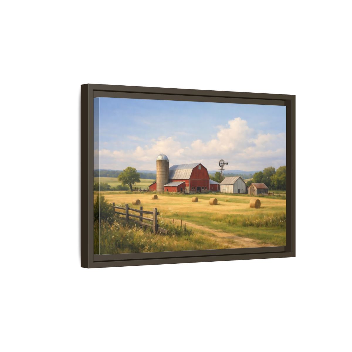 Side Mockup 5. Nature Farm Red Barn Landscape shown as stretched canvas wall art