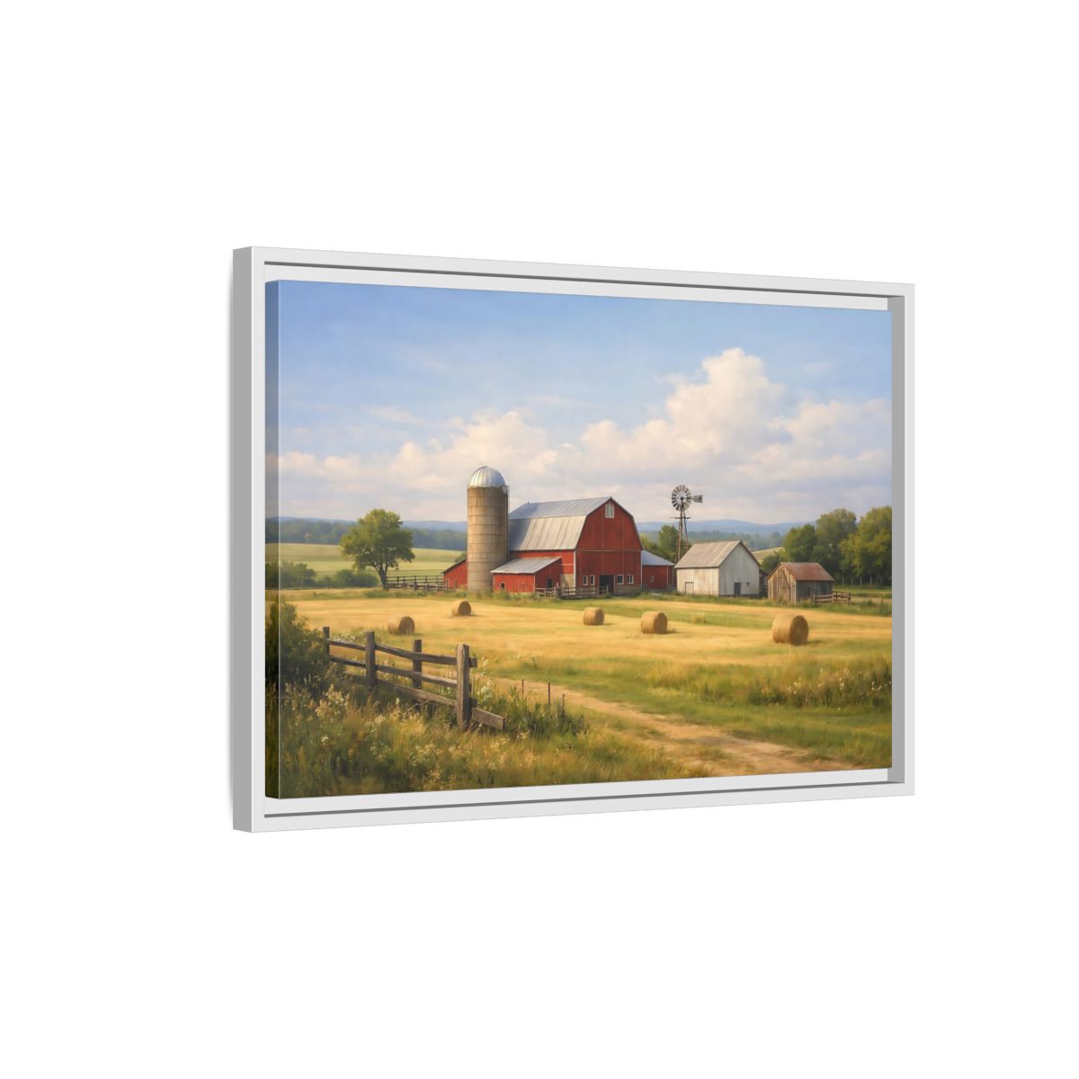 Side Mockup 1. Nature Farm Red Barn Landscape shown as stretched canvas wall art