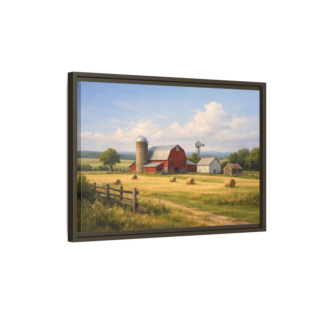 Side Mockup 2. Nature Farm Red Barn Landscape shown as stretched canvas wall art