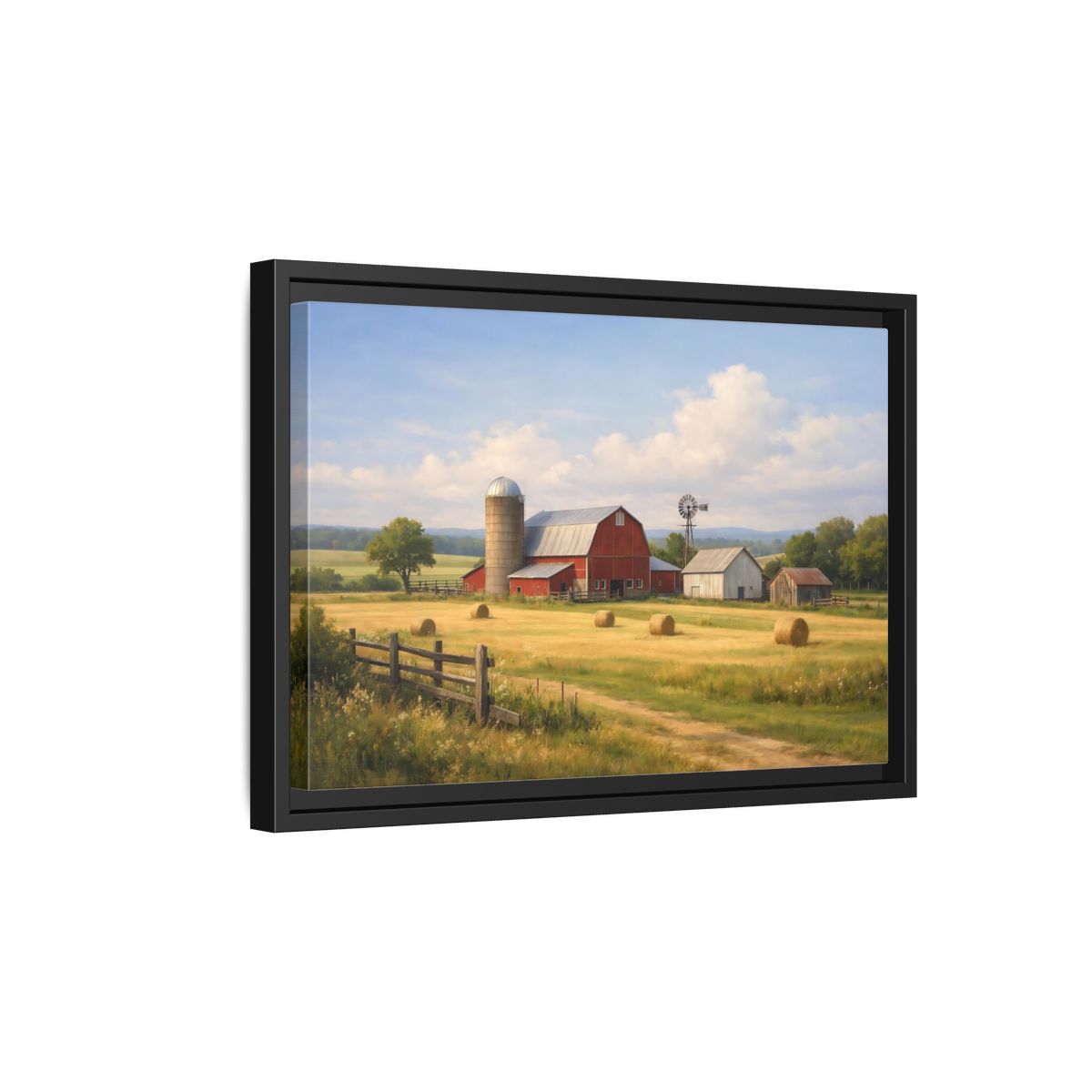 Side Mockup 6. Nature Farm Red Barn Landscape shown as stretched canvas wall art