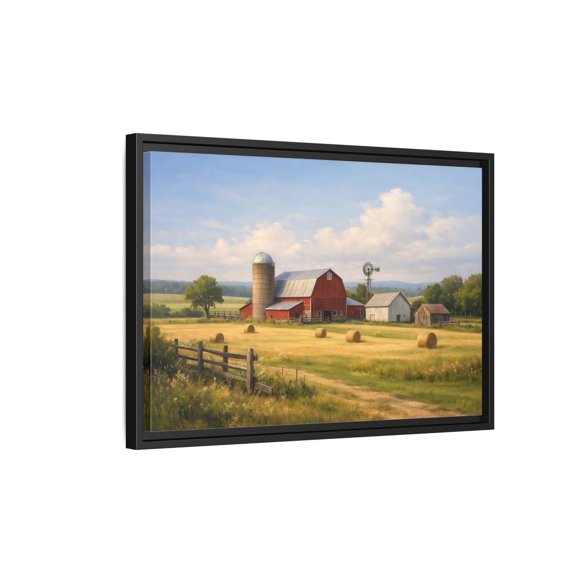Side Mockup 3. Nature Farm Red Barn Landscape shown as stretched canvas wall art