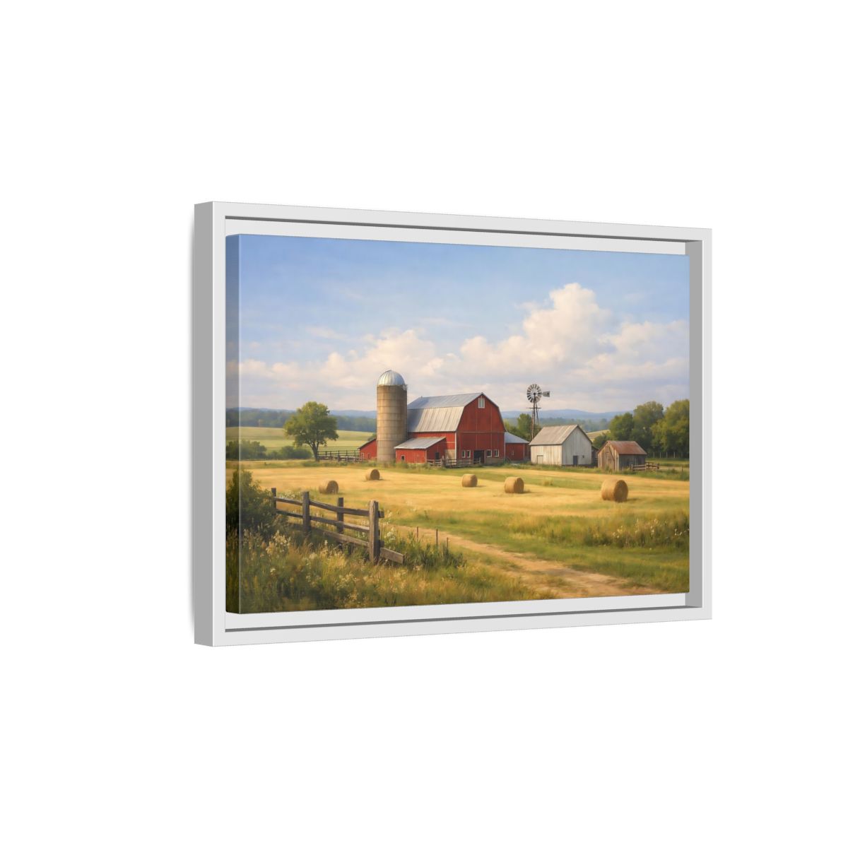 Side Mockup 4. Nature Farm Red Barn Landscape shown as stretched canvas wall art
