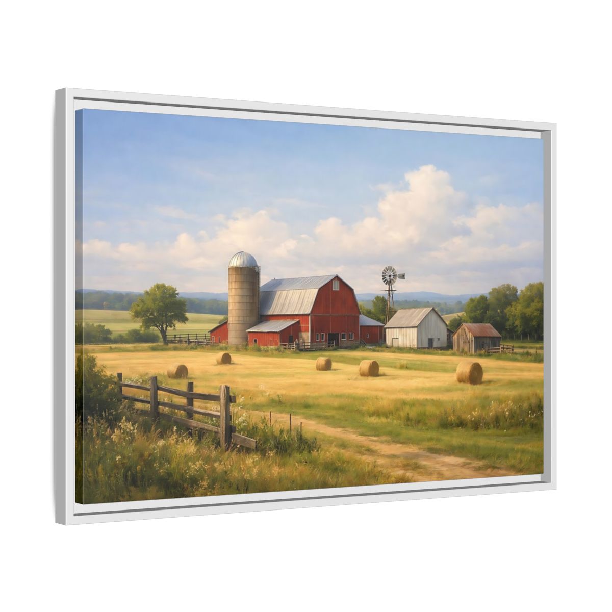 Side Mockup 10. Nature Farm Red Barn Landscape shown as stretched canvas wall art