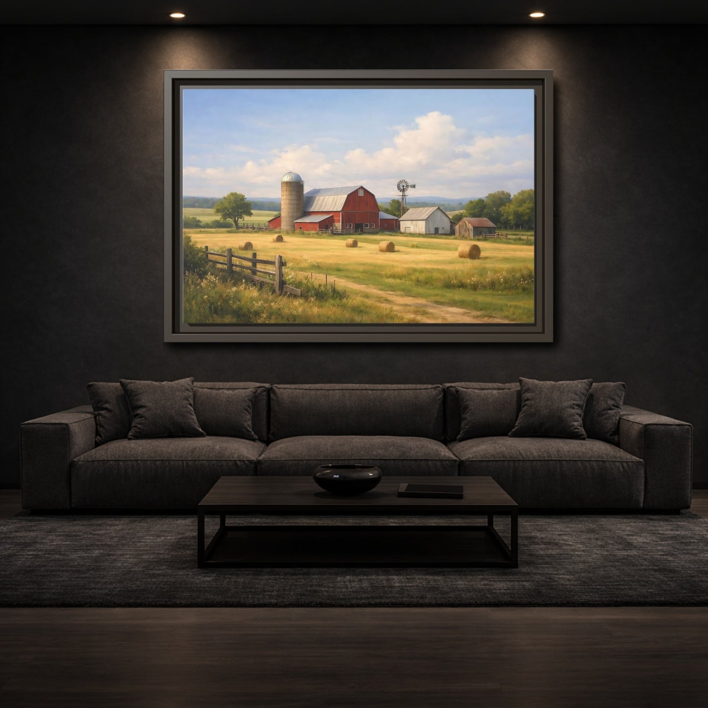 Mockup 2. Nature Farm Red Barn Landscape shown as stretched canvas wall art