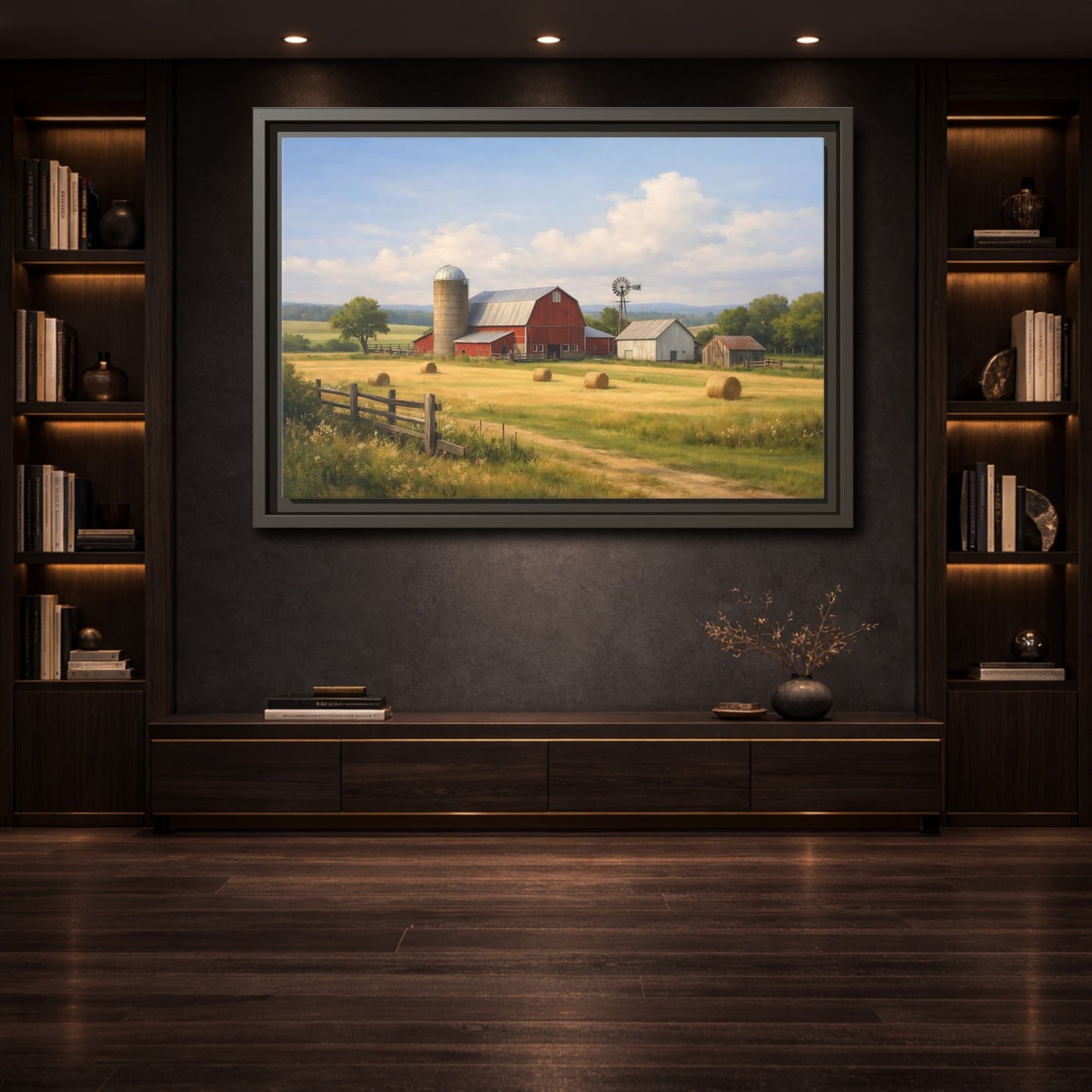 Mockup 3. Nature Farm Red Barn Landscape shown as stretched canvas wall art