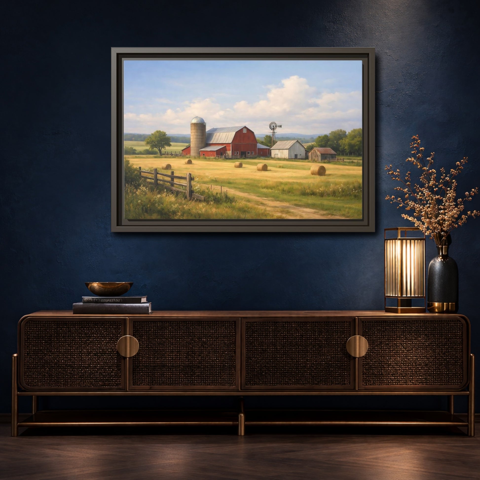 Mockup 4. Nature Farm Red Barn Landscape shown as stretched canvas wall art