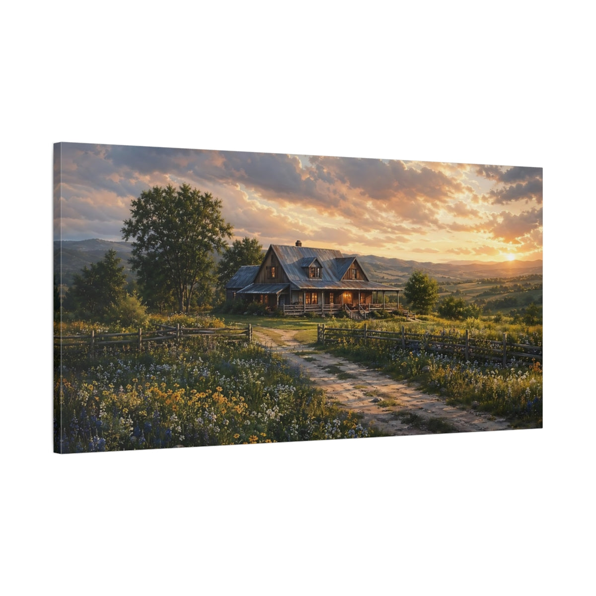Main Mockup. Nature Farmhouse Golden Sunset Landscape shown as stretched canvas wall art